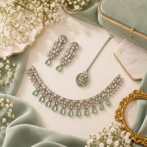 Luxury Mint Green & Silver Marquise Crystal Collar Necklace Set with Earrings & Maang Tikka